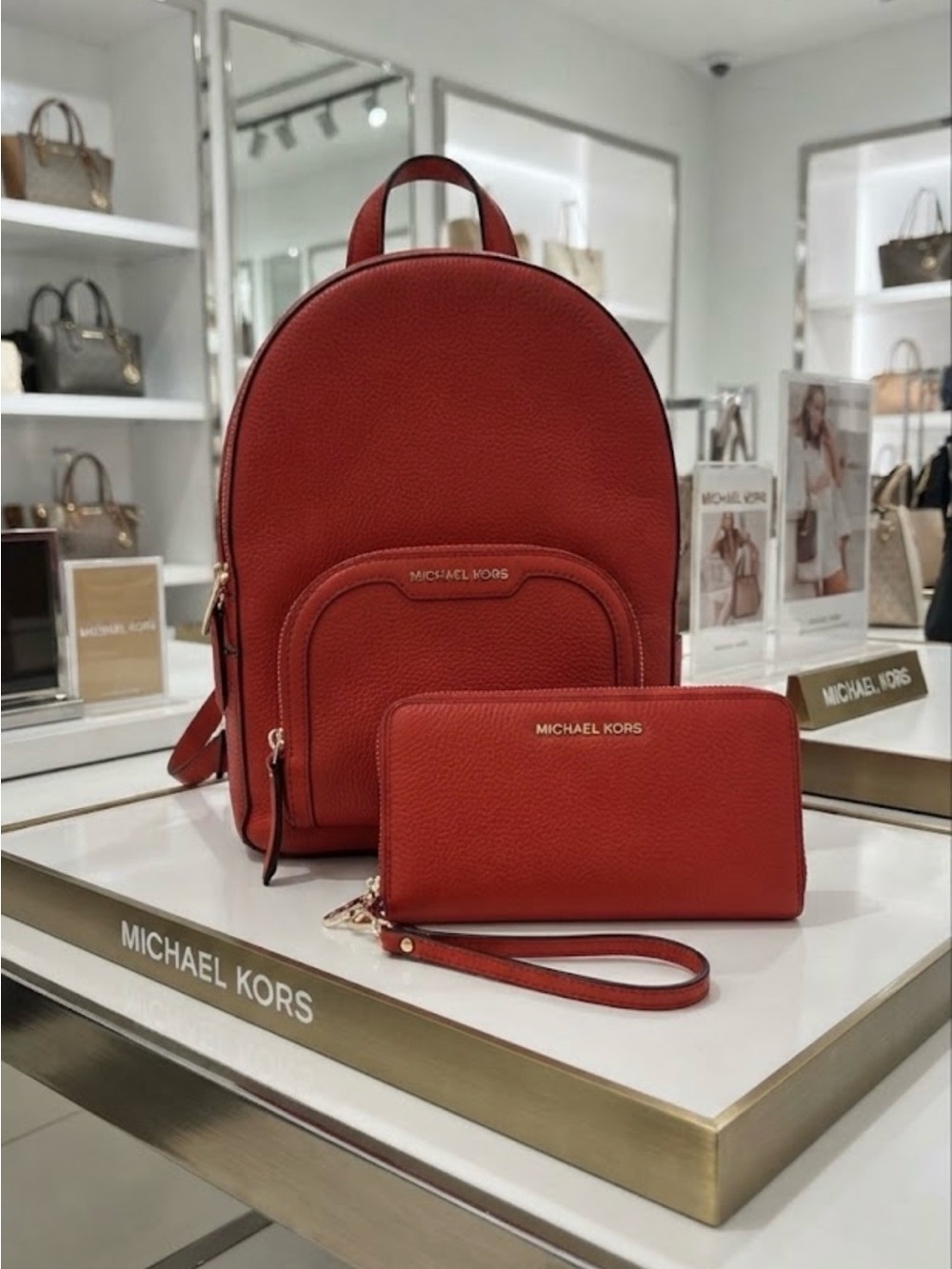 Michael Kors Jaycee Red Pebbled Leather Backpack with Wristlet